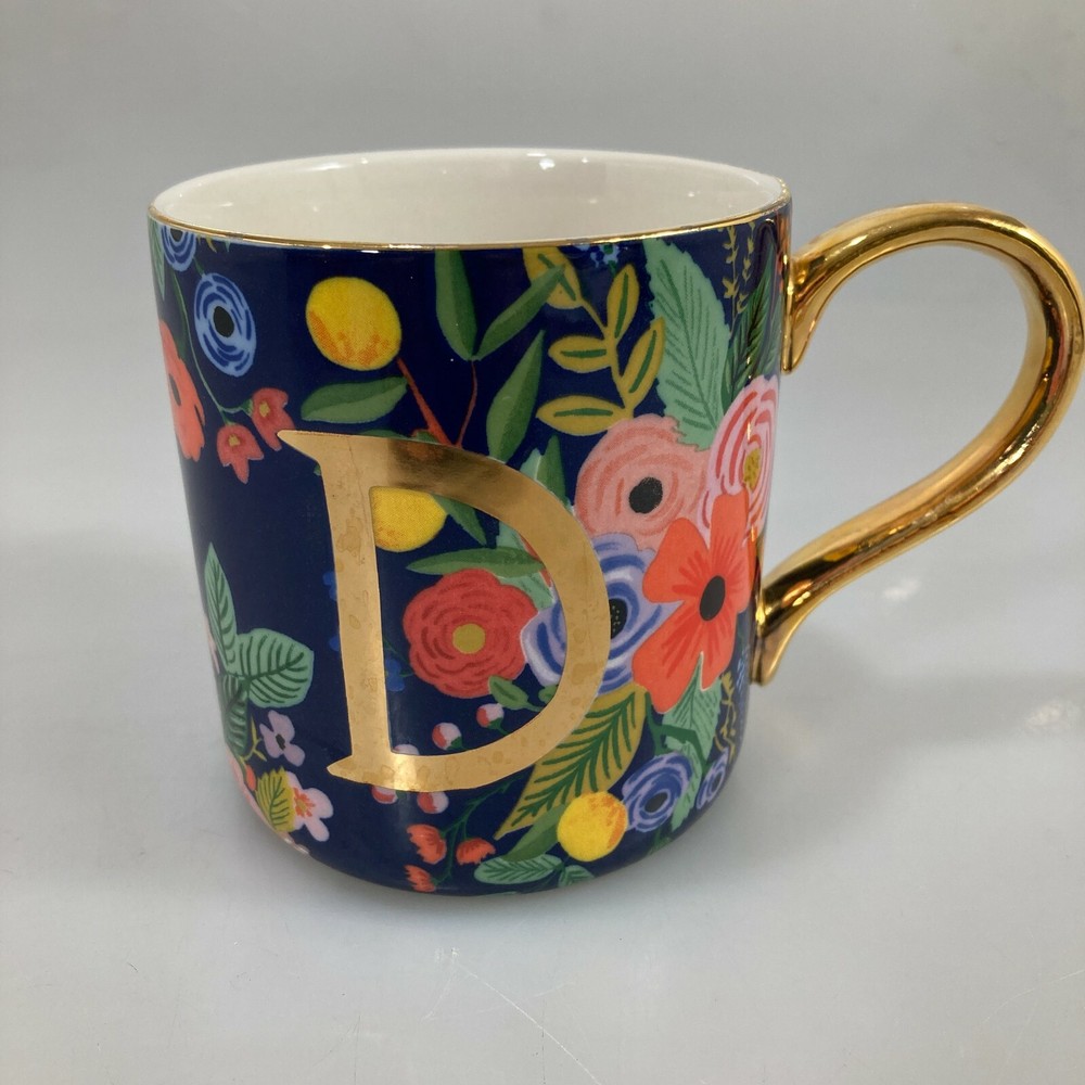 Anthropologie D Initial Mug Rifle Paper Co Floral Gold Coffee Tea Cup Monogram