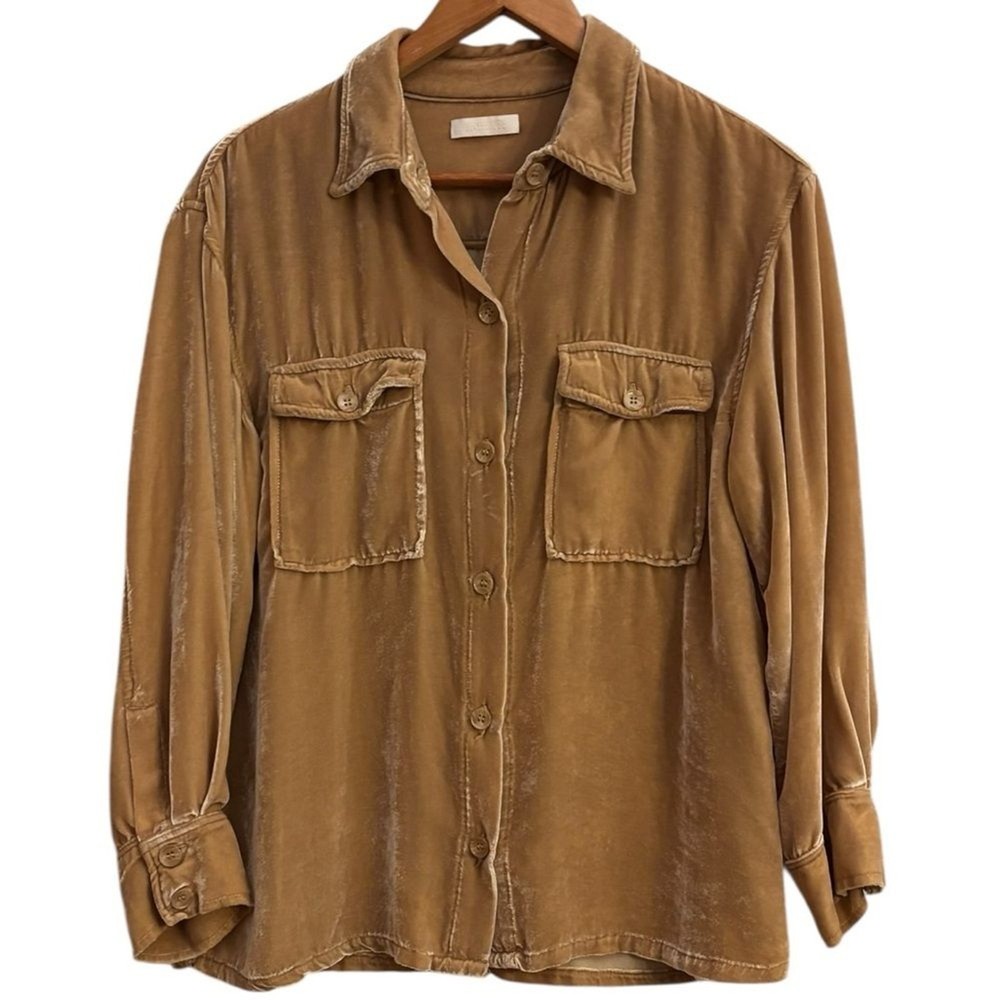 SABLYN Women’s Gold Silk Velvet Loose Fit Button Front Shirt Quiet Luxury Small