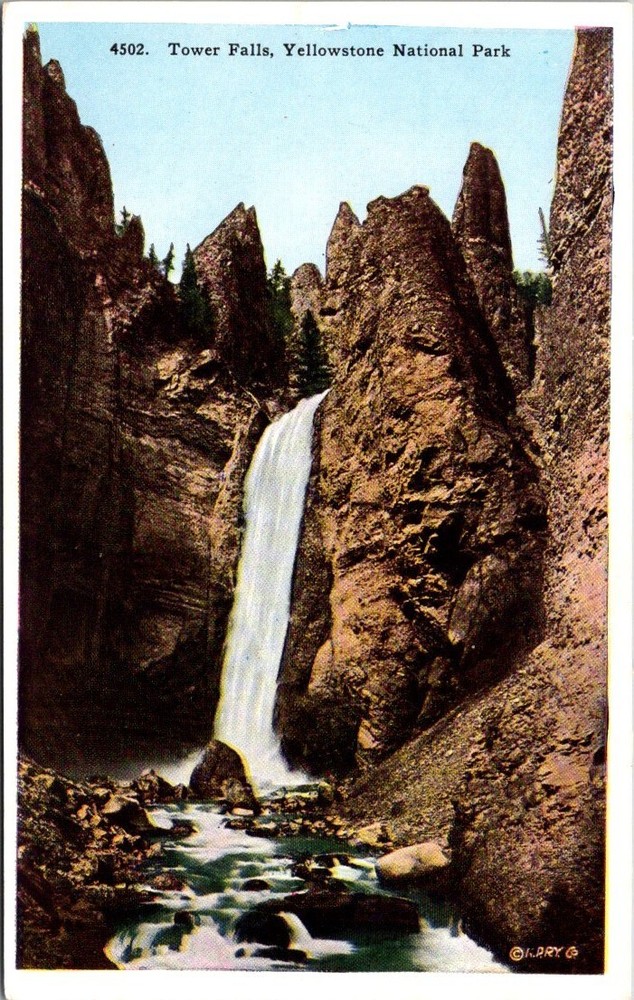 1920s Elevation View of Tower Falls Yellowstone Park Wyoming Vintage Postcard
