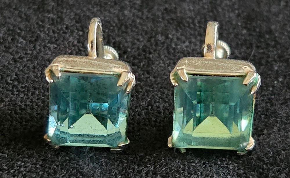 Vintage Blue Glass Earrings Screw Back Emerald Cut Aqua Rhinestone Mid Century