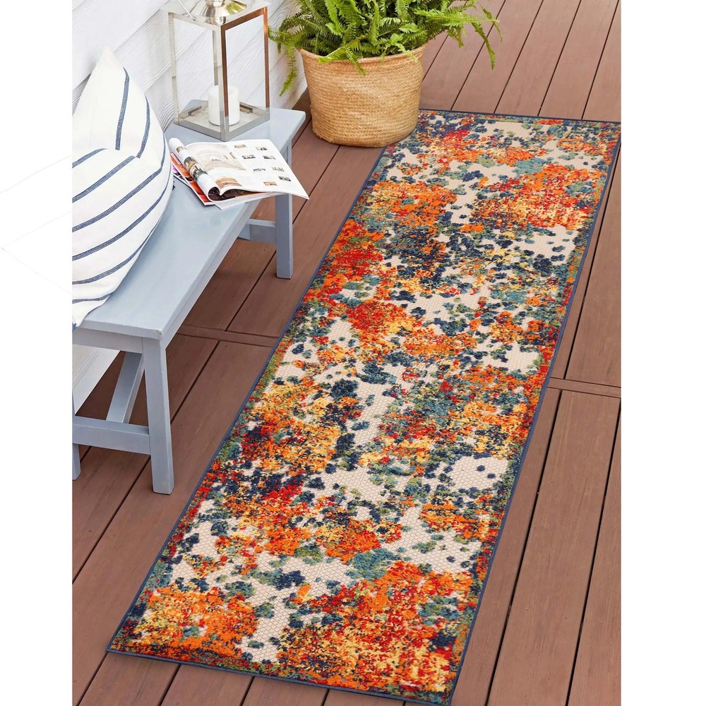Superior Abstract Splatter Modern Indoor Outdoor Runner or Cream 2' 3