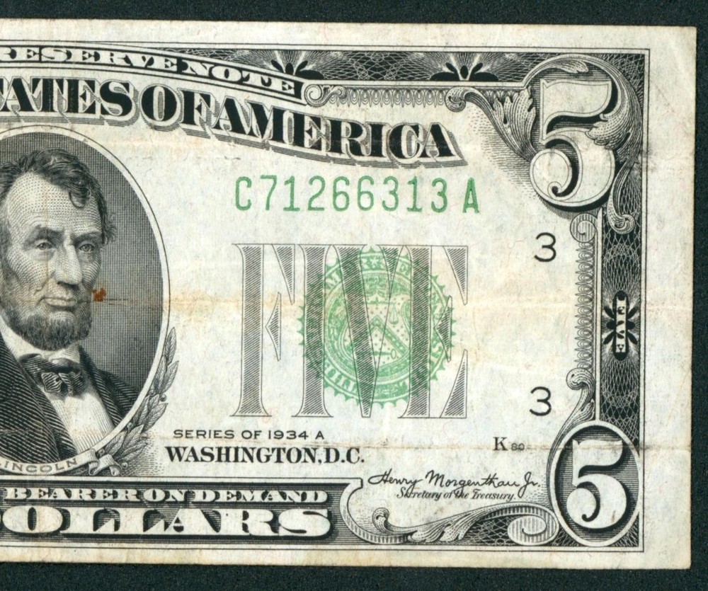 $5 1934 Federal Reserve Note ** PAPER CURRENCY AUCTIONS ** COMBINED SHIPPING