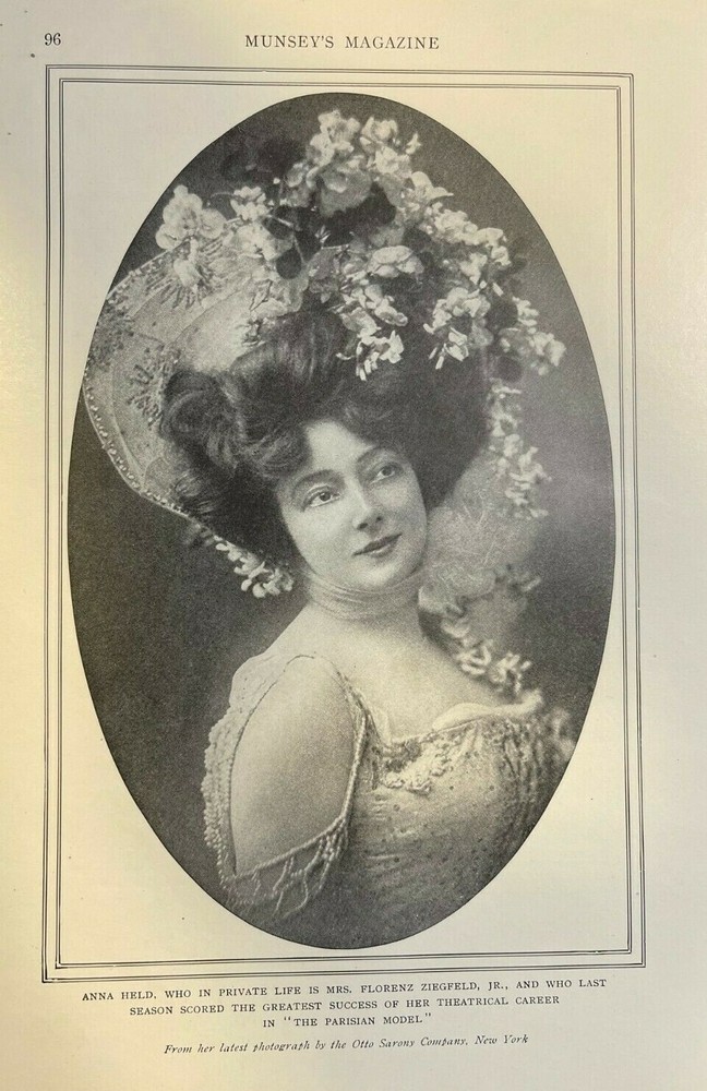1907 Vintage Magazine Illustration Actress Anna Held Mrs. Florence Ziegfeld, Jr.