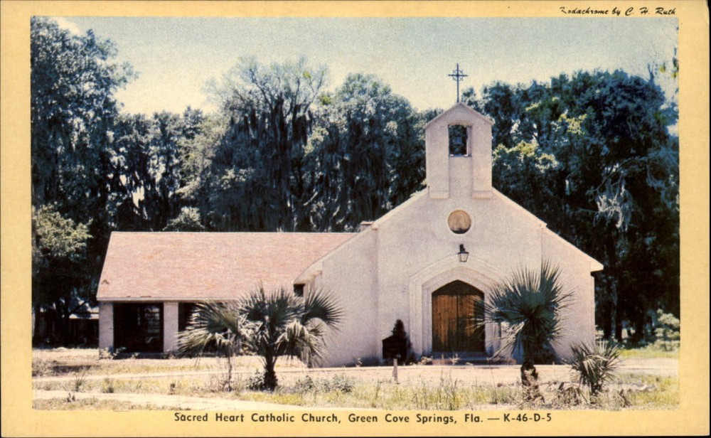 Sacred Heart Catholic Church Green Cove Springs Florida ~ 1940s linen postcard