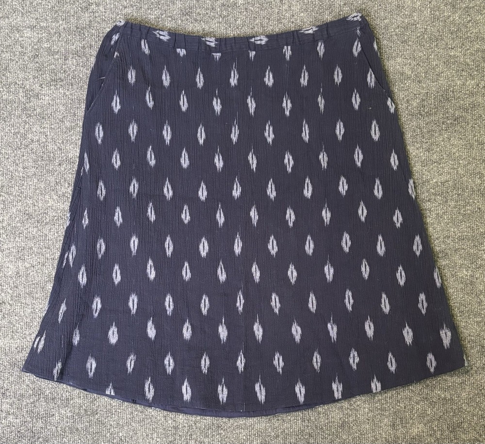 Eileen Fisher Skirt Womens Large Geometric Navy Blue A line Ikat Elastic Waist