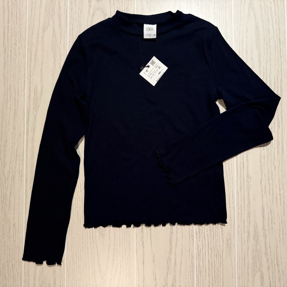 Zara Top Girls 11/12 Black Solid Lettuce Hem Long Sleeve  Shirt Stretch NEW