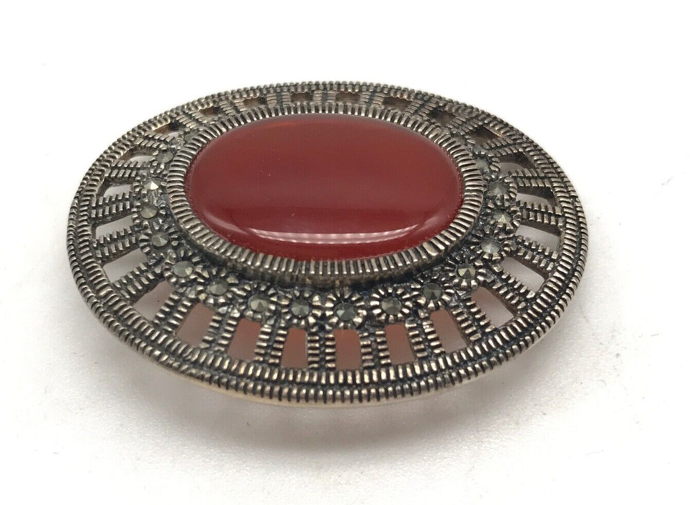 Vintage 925 Sterling Silver Carnelian Marcasite Oval Art Deco Style Brooch Pin