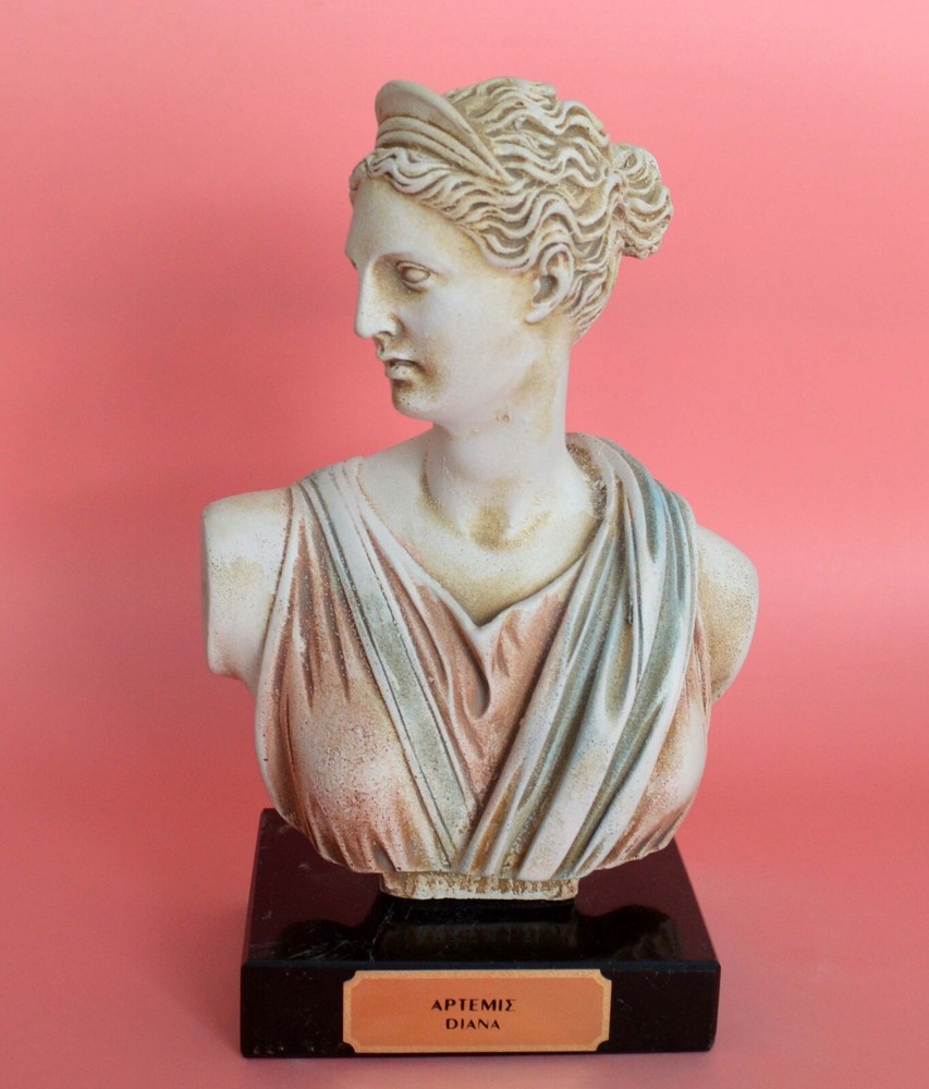 Artemis Goddess of Hunt bust statue on marble base - Diana Mistress of Animals