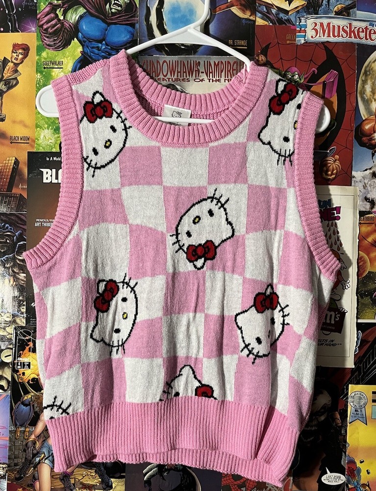 Sanrio Hello Kitty Pink White Sleeveless Sweater Vest Women's Size M