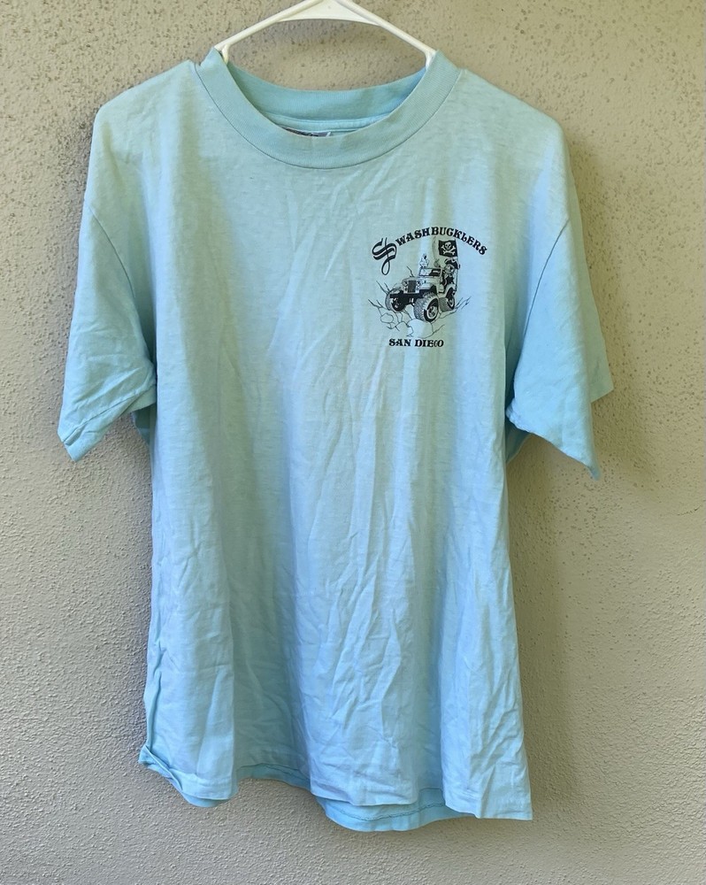 Oneita Power-T Men's Light Blue Pirate Graphic Cotton T-Shirt XL