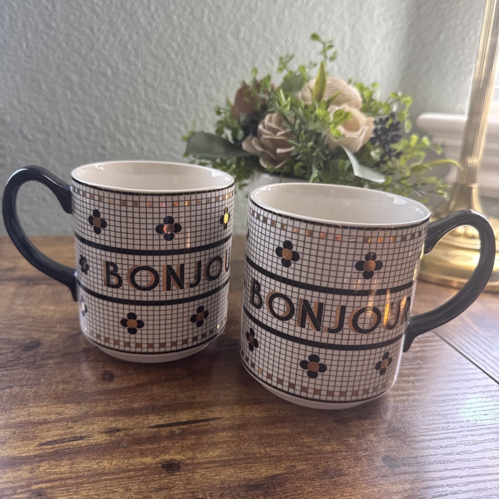 Anthropologie Bistro Tile BONJOUR Mugs (2) Cup Coffee Latte Mosaic