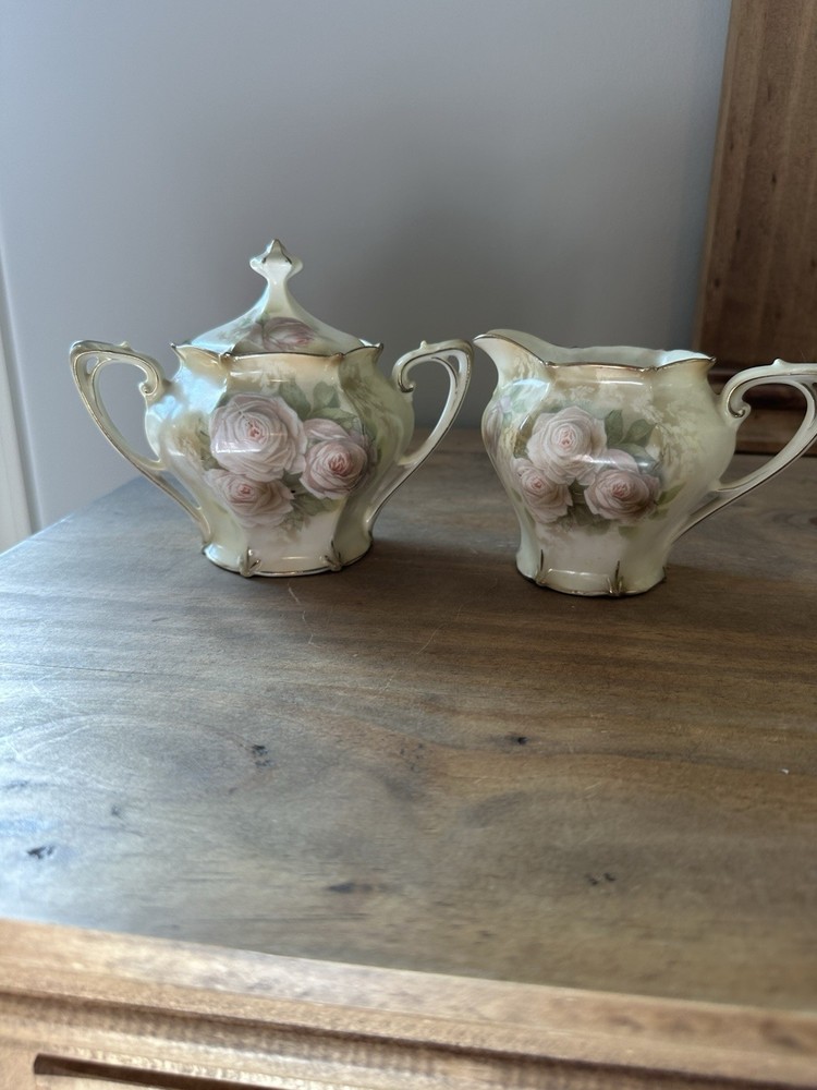 Antique RS Prussia Hand Painted Pink Roses Creamer And Sugar 3.75”T