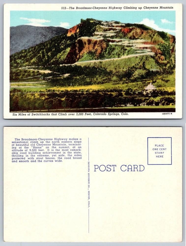 Vintage Broadmoor-Cheyenne Highway Colorado Springs Linen Postcard Switchbacks