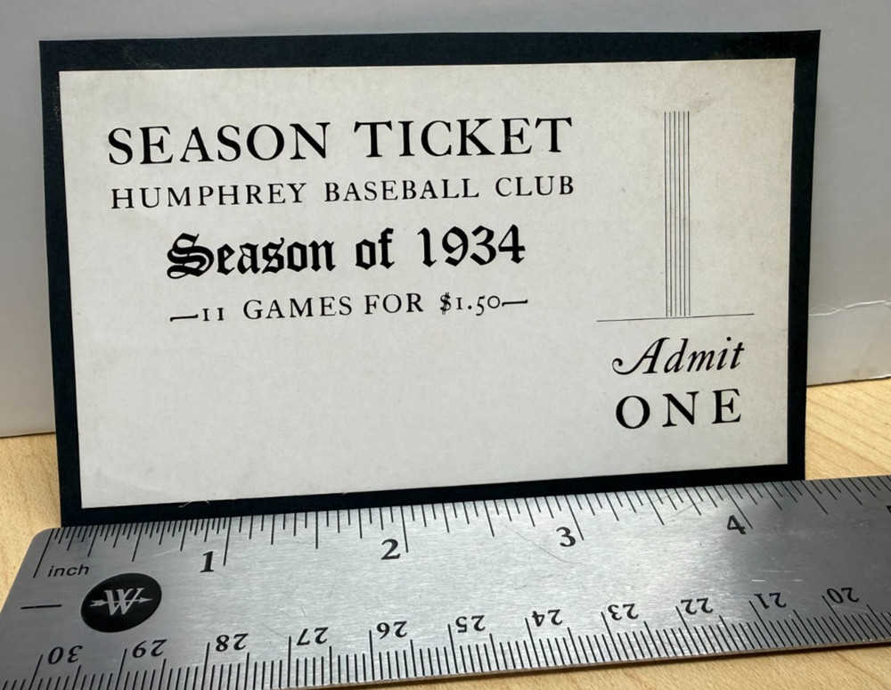 Humphrey, Nebraska Ephemera-Season Ticket-1934-Baseball Club-Card from Album