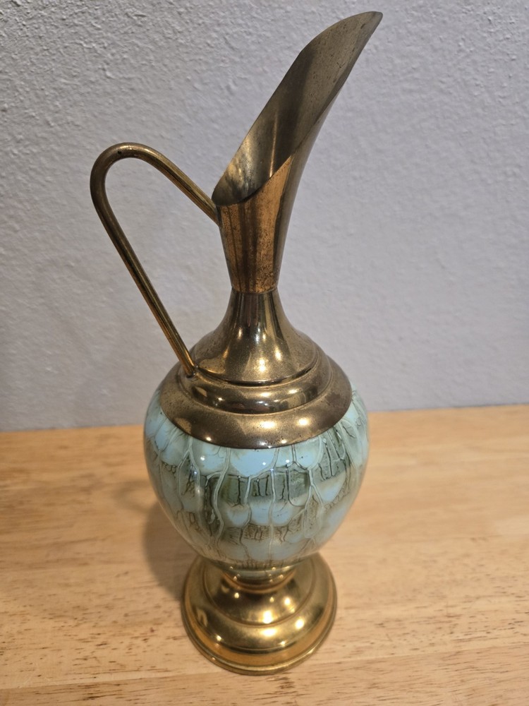 Vintage Delft hand-painted brass and ceramic pitcher or vase from Holland