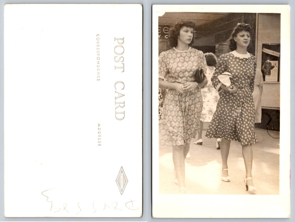 1940s RPPC Women Walking City Street Candid Fashion Real Photo Postcard