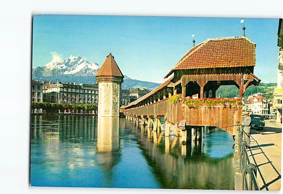 Postcard Chapel Bridge and Mount Pilatus Lucerne Switzerland