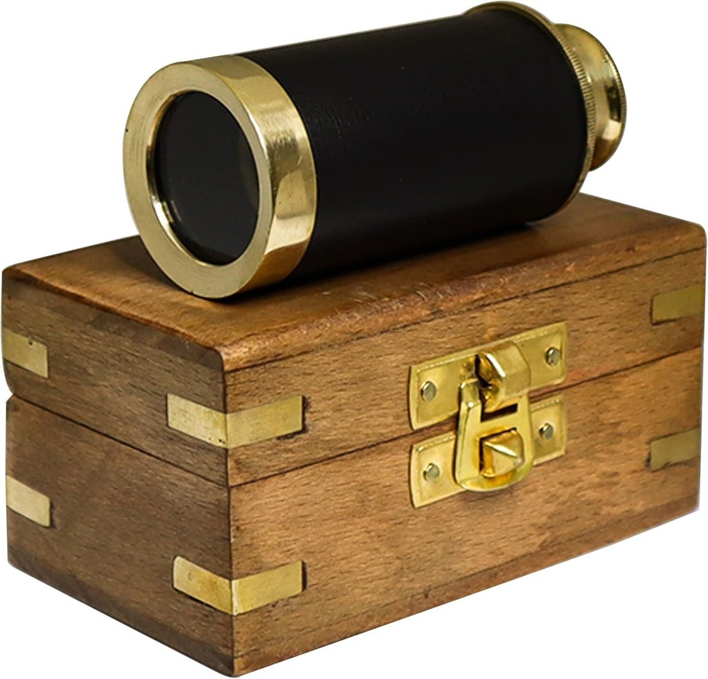 Handheld Brass Antique Telescope Spyglass with Wooden Box - Pirate...