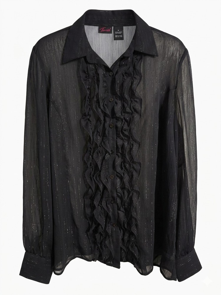 Torrid Sheer Black Ruffle Button-Down Blouse Collared Long Sleeve Plus Size 2