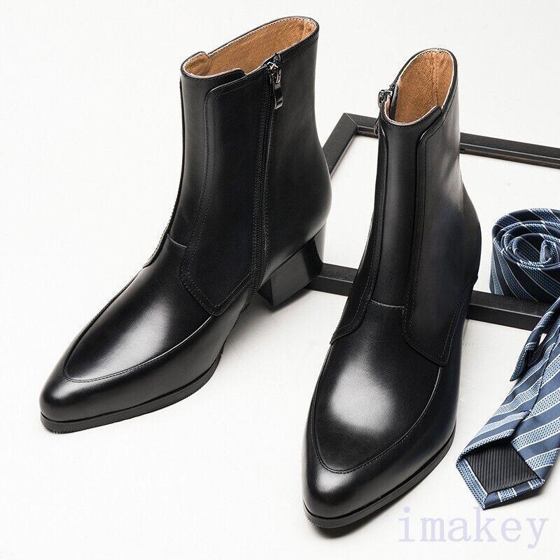 Men's White Pointed Toe Leather Chelsea Boots with Mid Heel