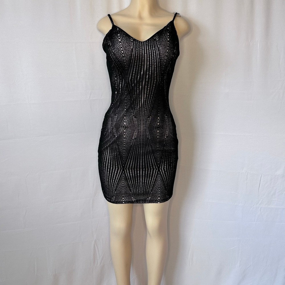 Haute Monde Black Bodycon Mini Dress Sheer Mesh Geometric Size L