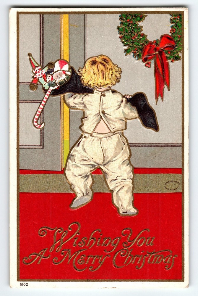 Vintage Julius Bien 1908 Christmas Postcard Child with Stocking & Wreath 510