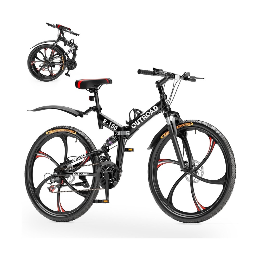 26in Adult Mountain Bike 21-Speed Foldable Full Suspension HM-Black