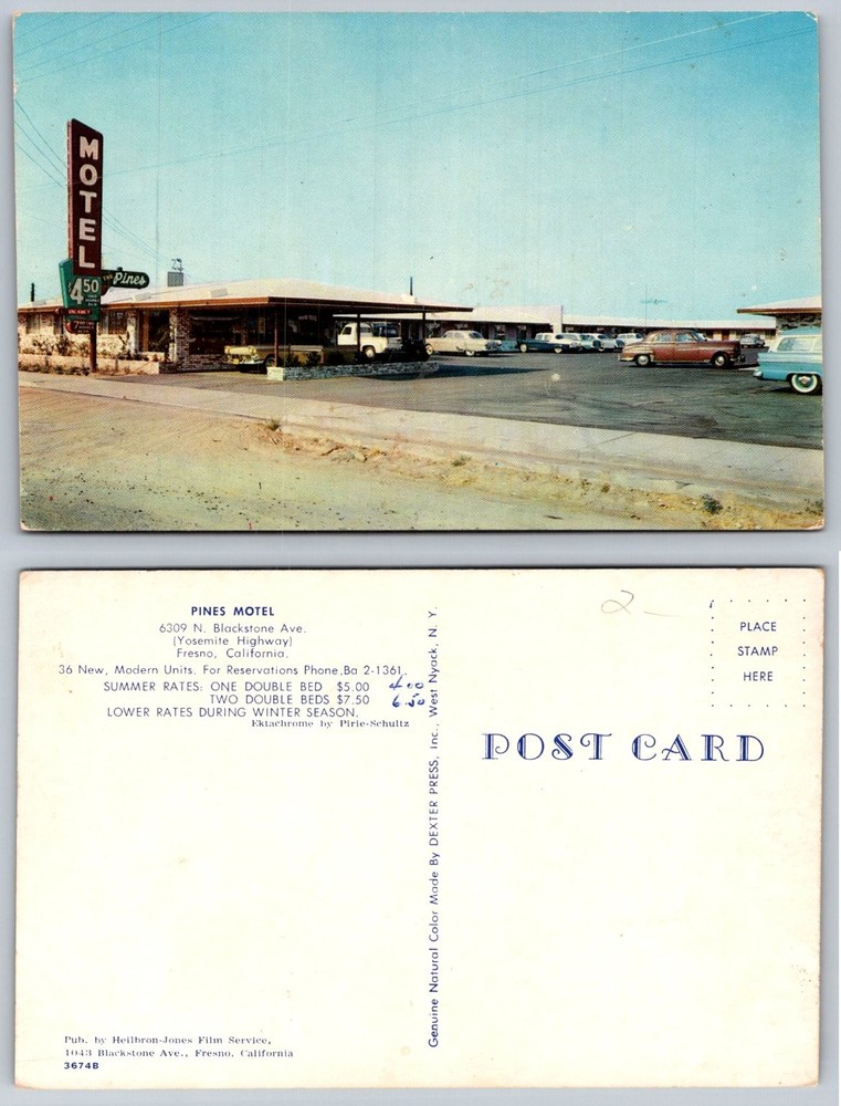 Pines Motel Fresno CA Postcard Vintage 1950s 60s Yosemite Hwy Dexter Press