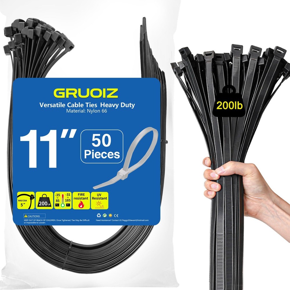 11 Inch Heavy Duty Black Zip Ties with 200lbs Tensile Strength, 50Pack UV Res...