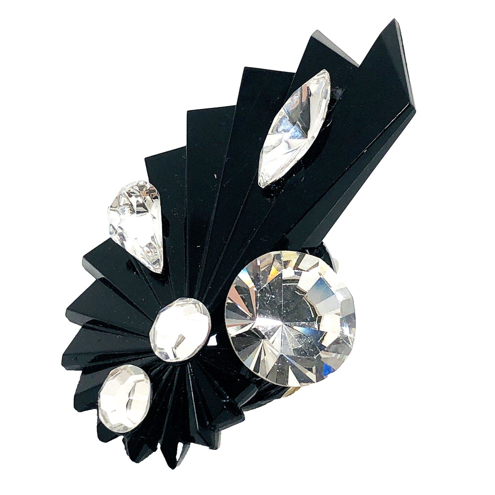 Vintage Black Earring Set Ballroom Rhinestone 1980's Plastic Art Deco Clip-On 2