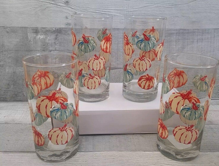 New 4 Greenbrier Fall Autumn Pumpkin Drinking Glasses 16oz Orange Blue Beige