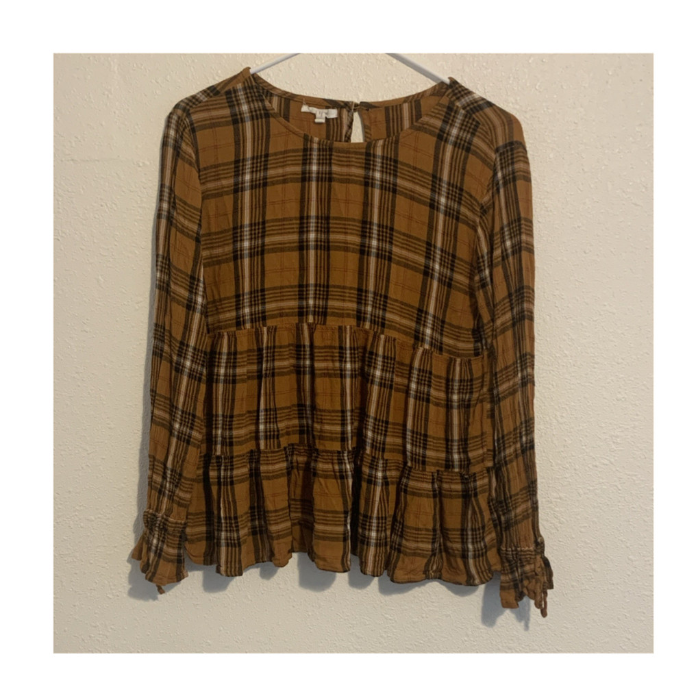 maurices Women's Plaid Ruffle Tunic Blouse Brown Black Long Sleeve Size S