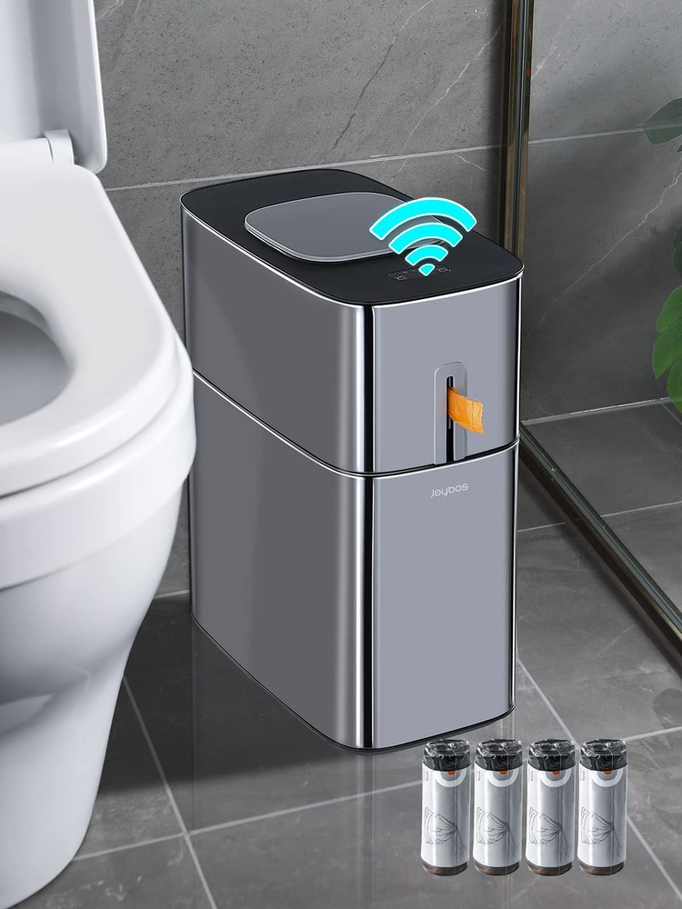 Touchless Bathroom Trash Can, 4 Gallon Narrow Metal Automatic Privacy Garbage...