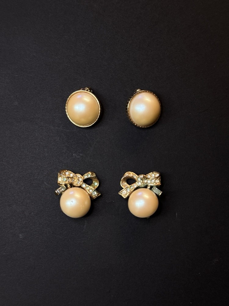 Vintage Nina Ricci Faux Pearl Clip On Earrings Bundle Gold Tone Bow & Stud