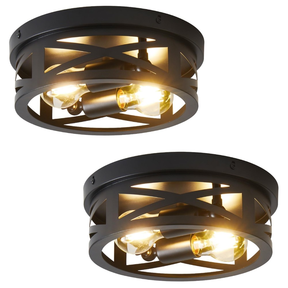 2-Light Black Farmhouse Flush Mount Ceiling Fixture for Kitchen Hallway