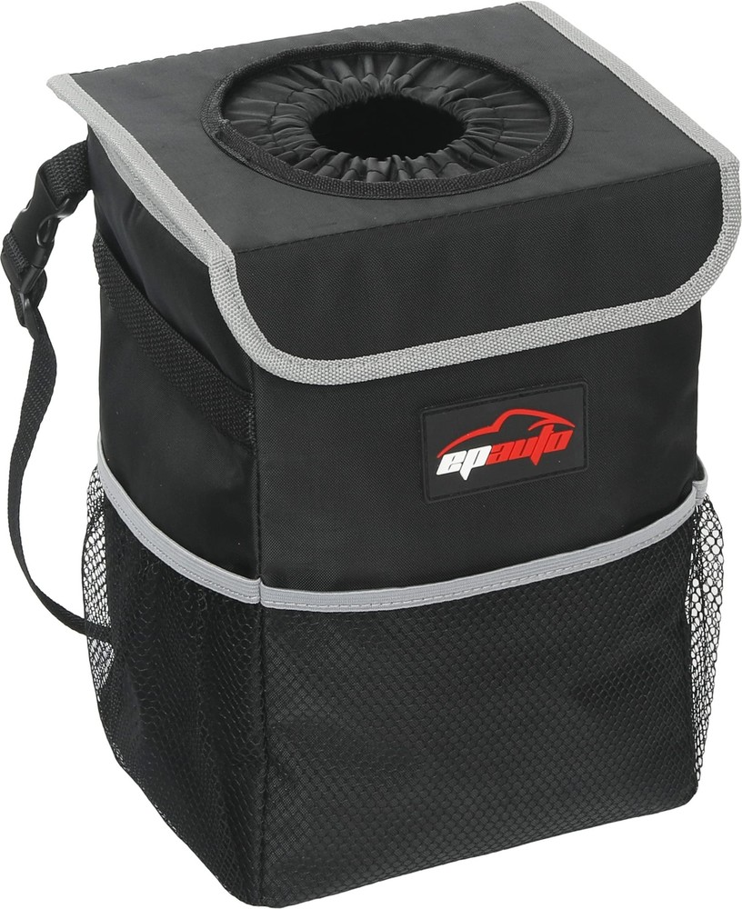 Waterproof Car Trash Can with Lid and Storage Pockets Black