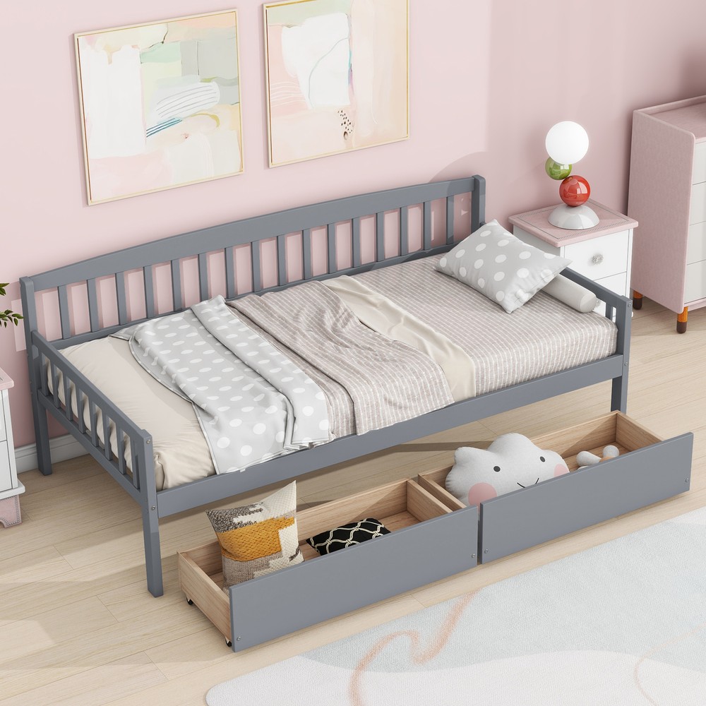 Twin Pine Wood Daybed with 2 Storage Drawers and Sofa Bed Function  
