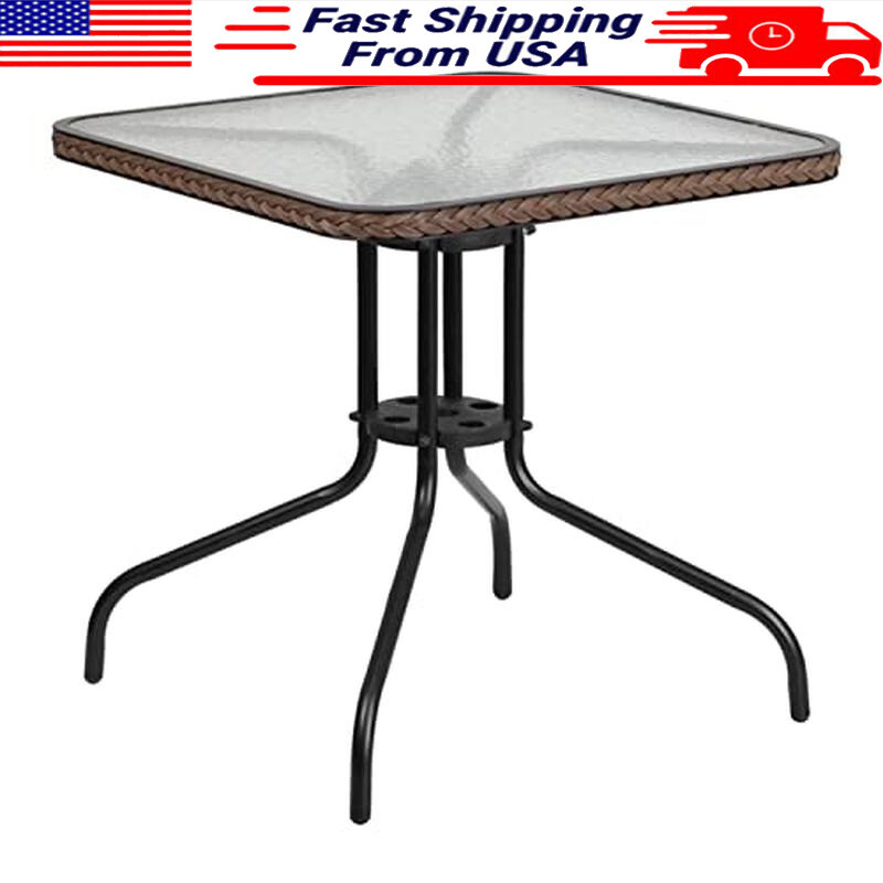 28'' Square Tempered Glass Metal Table Dark Brown Rattan Edging Contemporary US