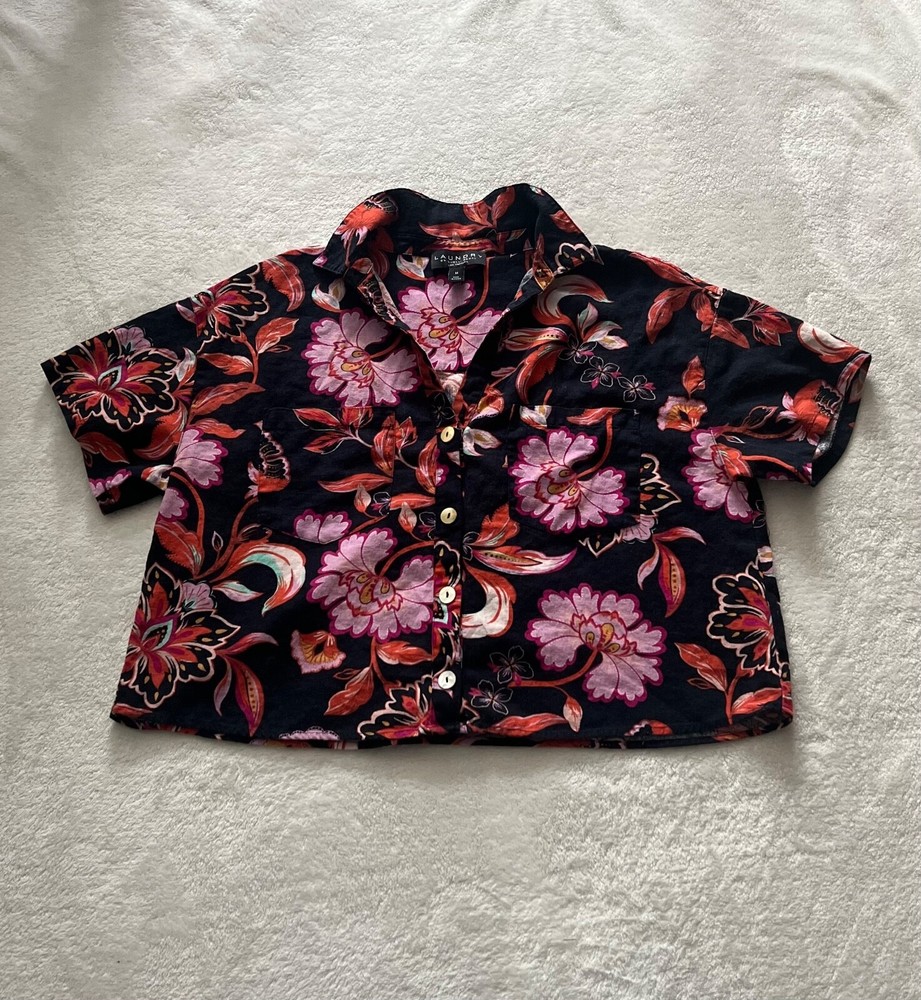 Used Laundry Shelli Segal Women's Floral Cropped Button-Up Linen Shirt Size M