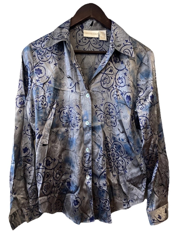 Vintage Christie&Jill S Silk Shirt Blouse Long Sleeves Blue/gray Print ButtonUp