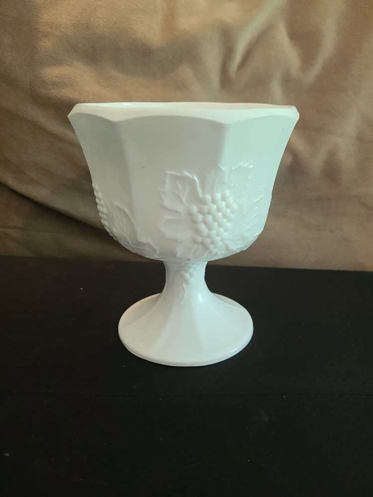 Vintage White Milk Glass Footed Candy Dish with Grape Vine Design 6.25 Inch