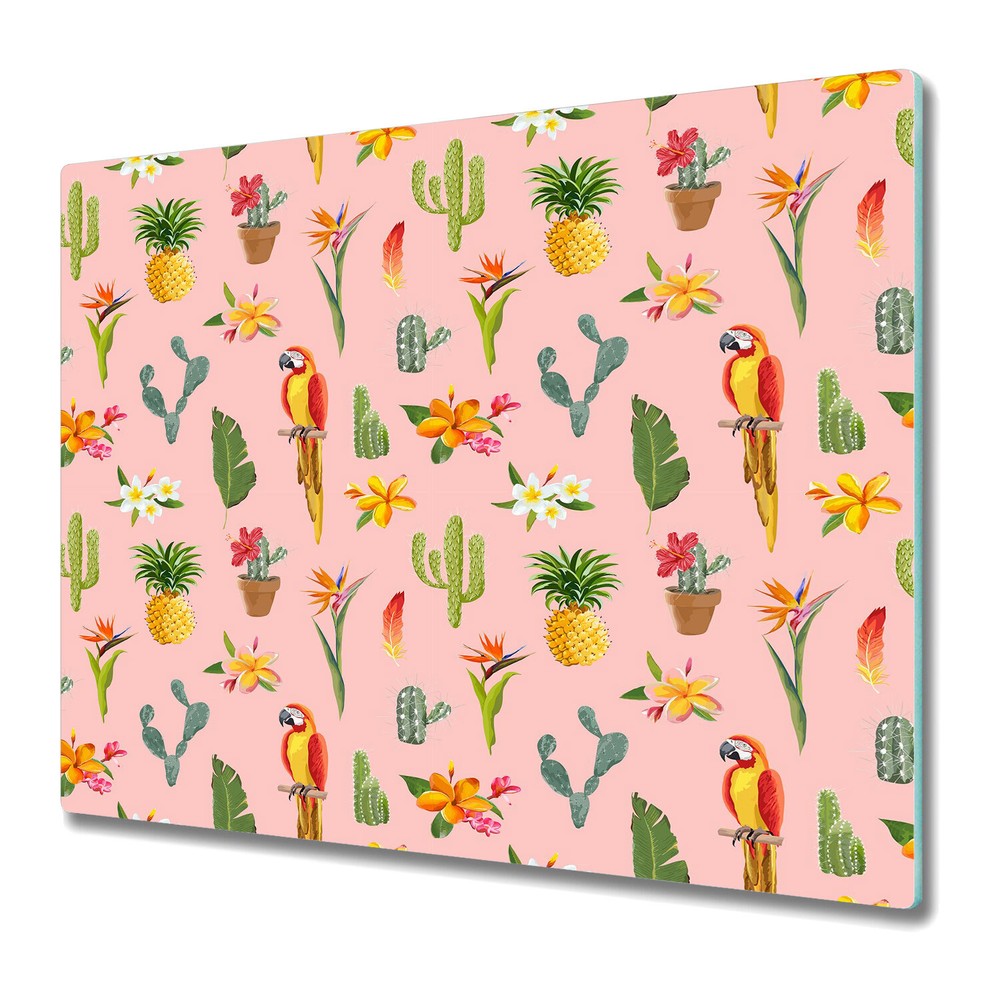 Glass Worktop Saver Kitchen Parrot tropical flowers pink green and yellow 60x52