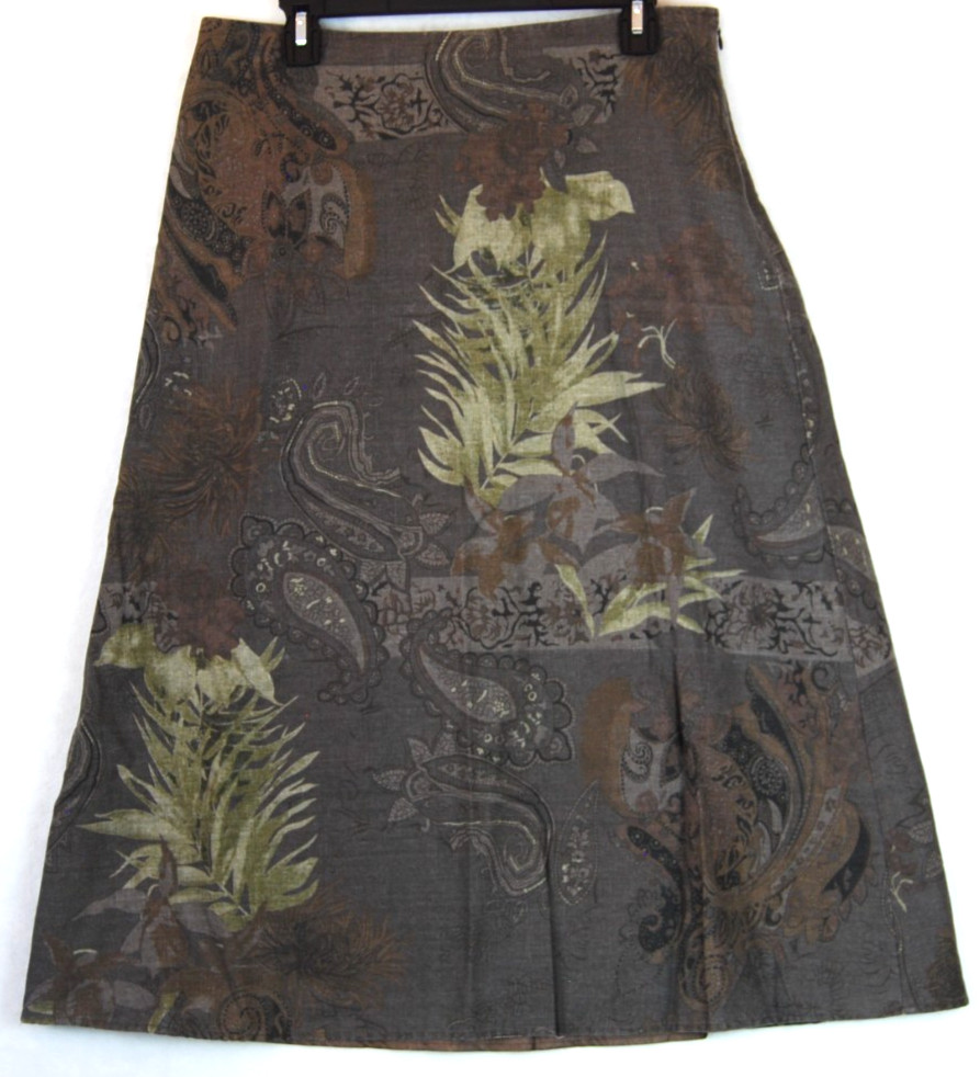 TWEEDS Long Linen Blend Skirt Brown Earthy Linen Paisley Floral Boho Vtg 90s 12