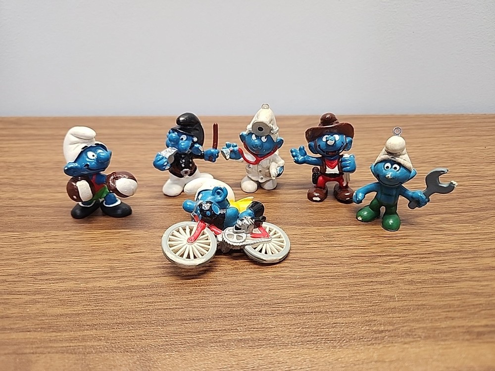(6) Vintage Smurf Figures Peyo Schleich: Cowboy, Doctor, Police, Biker, Boxer...