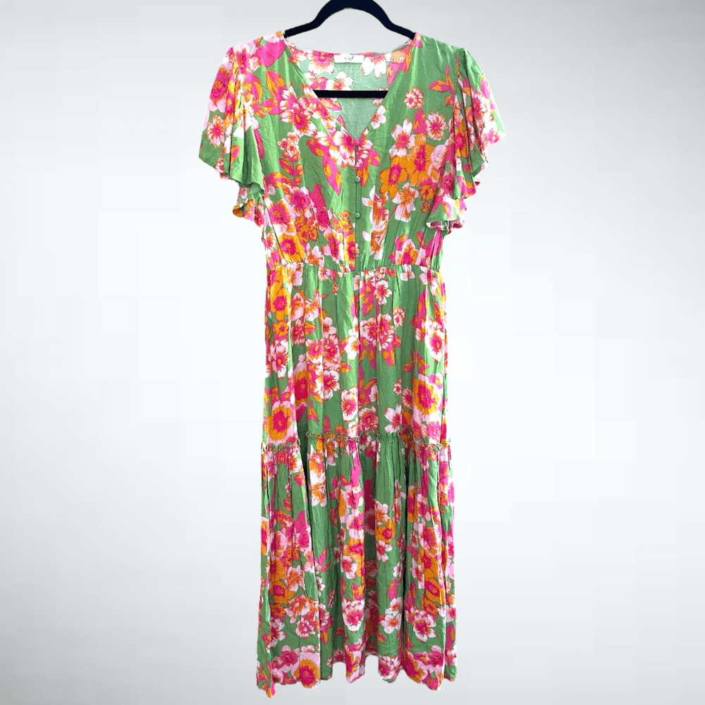 Easel Los Angeles Ruffled Sleeves Floral Midi Dress