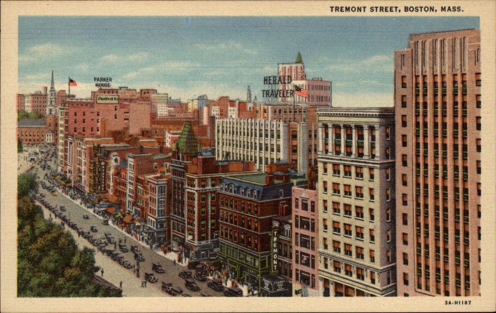 Tremont Street Boston Massachusetts flag aerial view ~ 1930s linen postcard