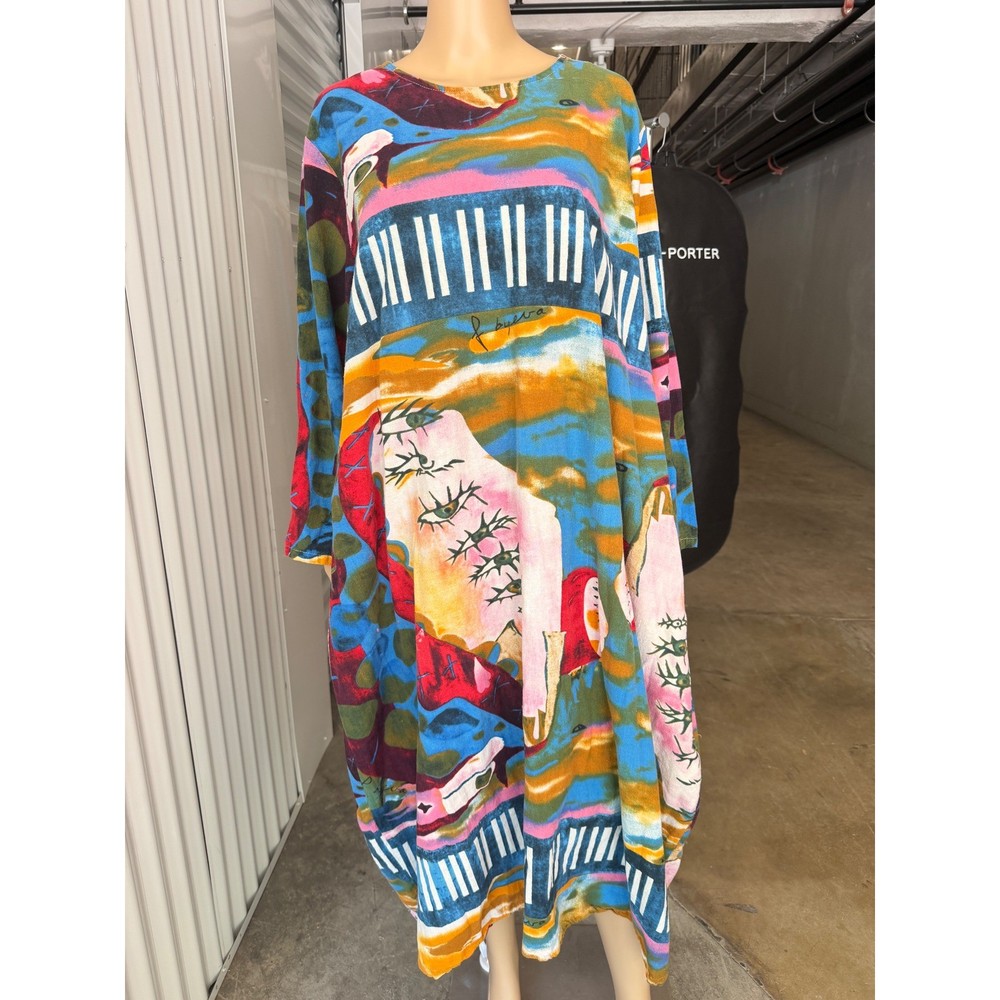 AUDATE 5XL Abstract Graphic Art Linen Cotton Long Sleeve Maxi Dress Lagenlook-image