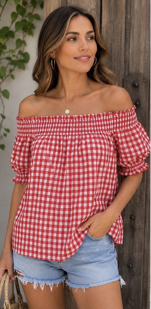 LOFT Outlet Women’s Small Red White Gingham Off Shoulder Peasant Top Cottagecore