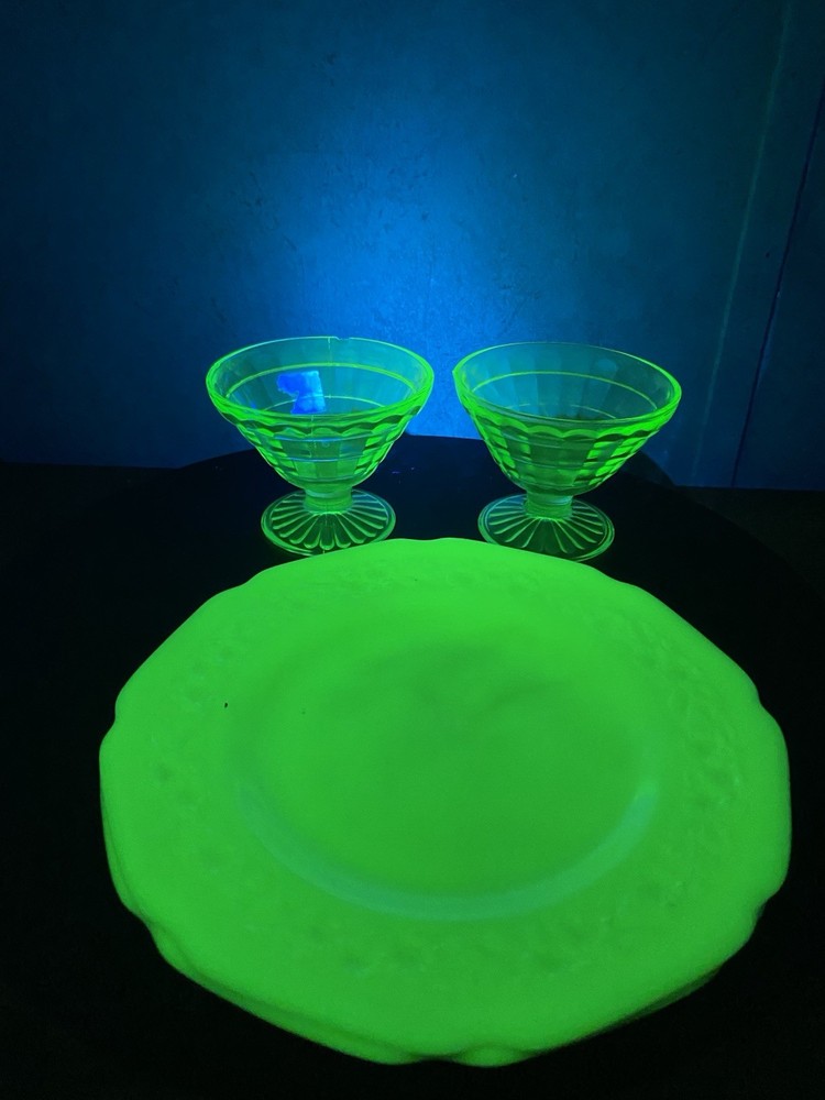 Vintage Uranium Glass Dessert Cups Set Glow Green Vaseline + Milk Glass Plates