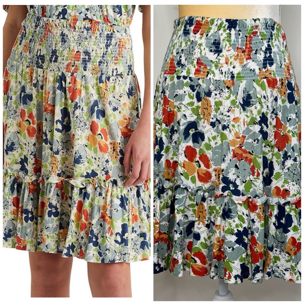 Lauren Ralph Lauren Black Label Floral Smocked Waist Skirt Size XS Multi Ruffle
